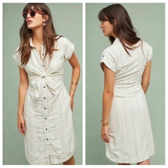 Maeve Anthropologie Dress Women 8 Cream Striped Knee Length Cotton Short Sleeve - Picture 2 of 16